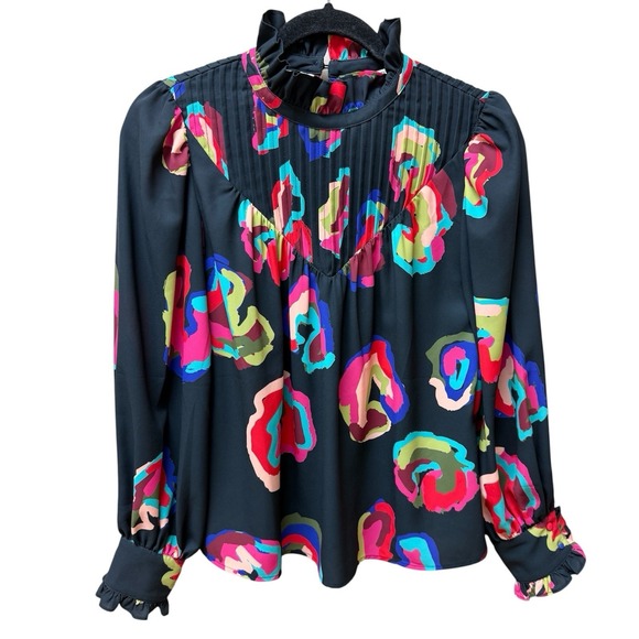 CROSBY by Mollie Burch Floral Long Sleeved Black Multicolor Abstract Blous.Sz XS